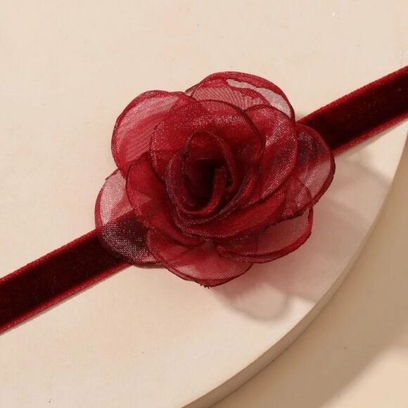 Y2K Vamp Rose Floral Balletcore Regency Goth Victorian Burgundy Velvet Choker S - Picture 3 of 5